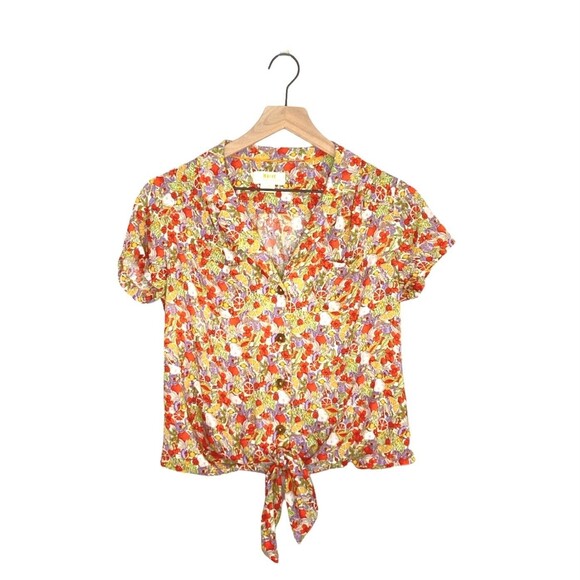 ANTHROPOLOGIE MAEVE Women’s Size 0 Button Down Shirt Citrus Floral Tie Front Bow - Picture 1 of 13